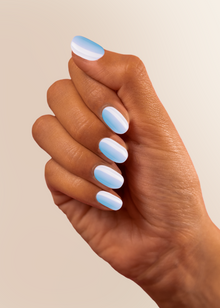  Solid Gel Nail Sticker, Hand with fingers together with solid coloured gel nail stickers in pastel blue