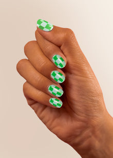  Nail Art Gel Nail Sticker, Hand with fingers together with green and blue checkered nail art