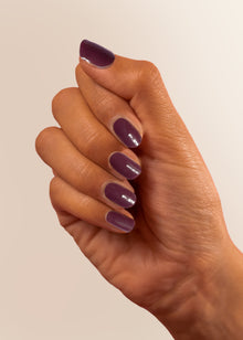  Solid Gel Nail Sticker, Hand with fingers together with solid coloured gel nail stickers in dark aubergine purple